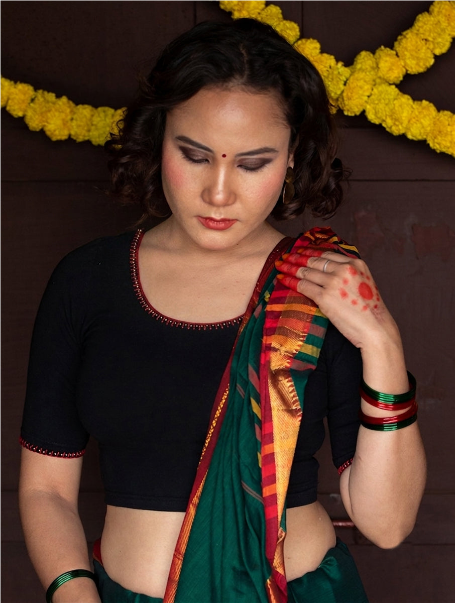 Black Hand Embroidered Stretchable Blouse/Crop Top