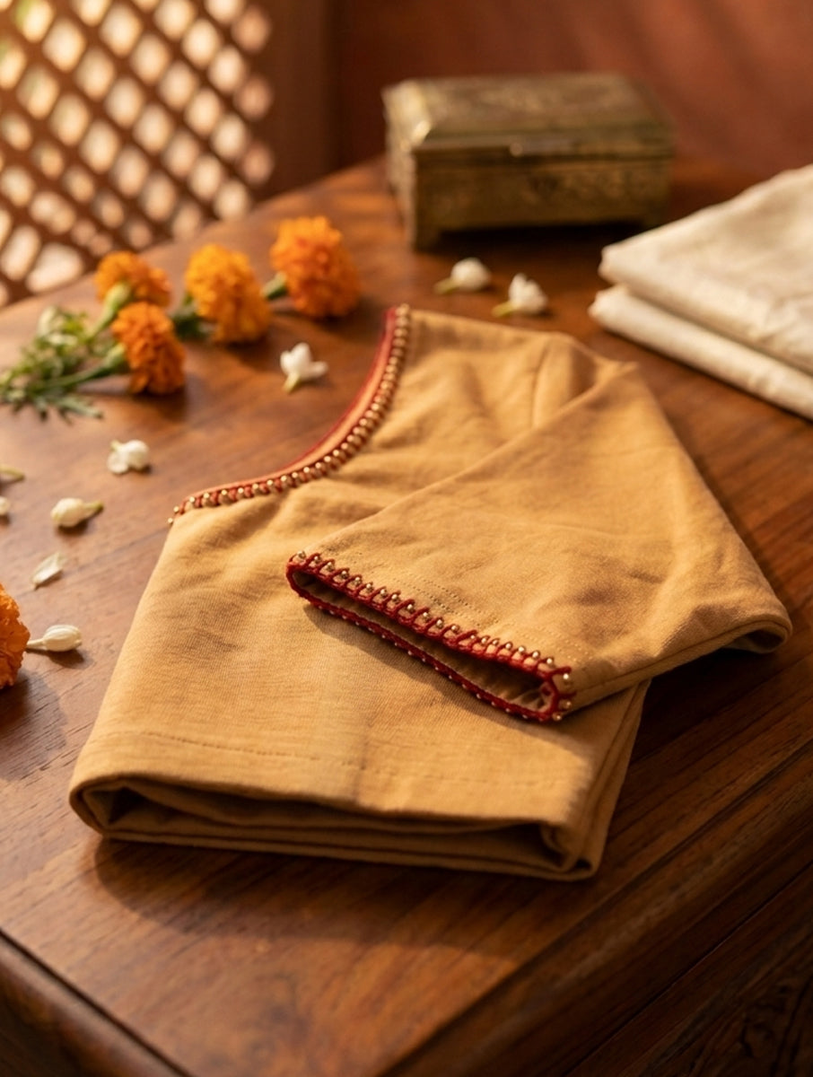 Blanket Stitch and Bead Work Beige Hand Embroidered Stretchable Blouse/Crop Top