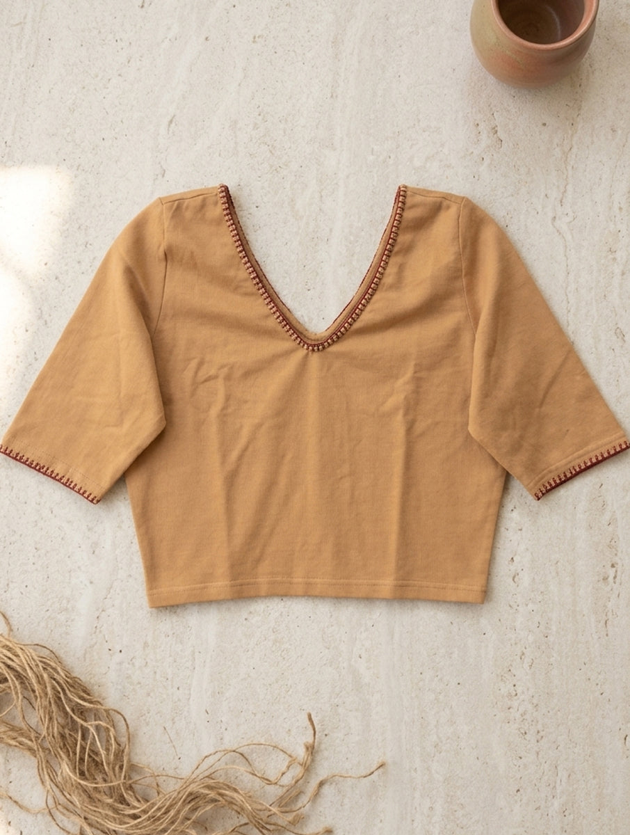 Blanket Stitch and Bead Work Beige Hand Embroidered Stretchable Blouse/Crop Top