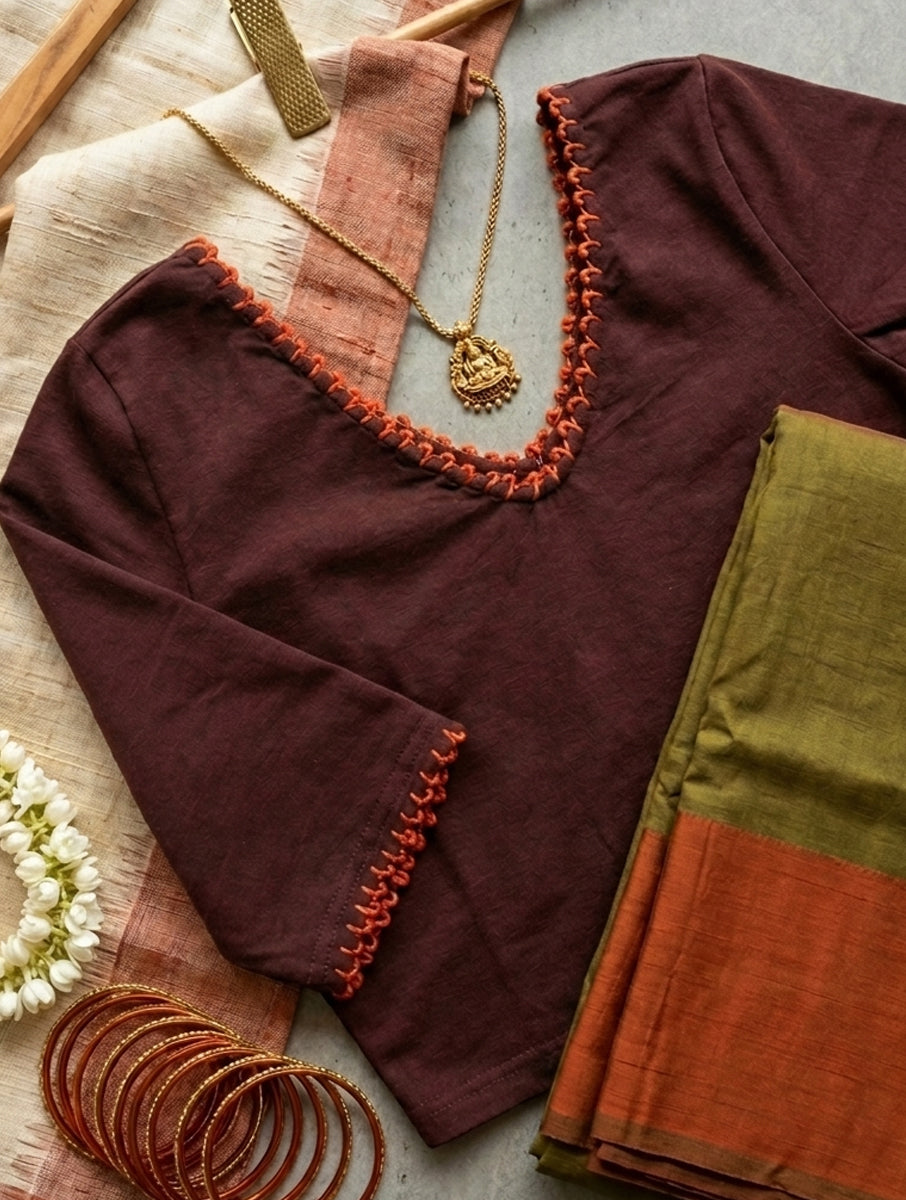 Hand Looped Scallop Edge Brown Hand Embroidered Stretchable Blouse/Crop Top