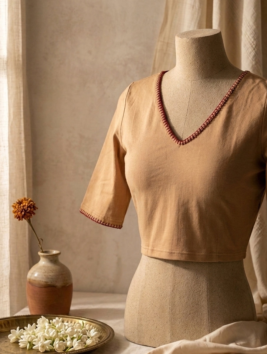 Blanket Stitch and Bead Work Beige Hand Embroidered Stretchable Blouse/Crop Top