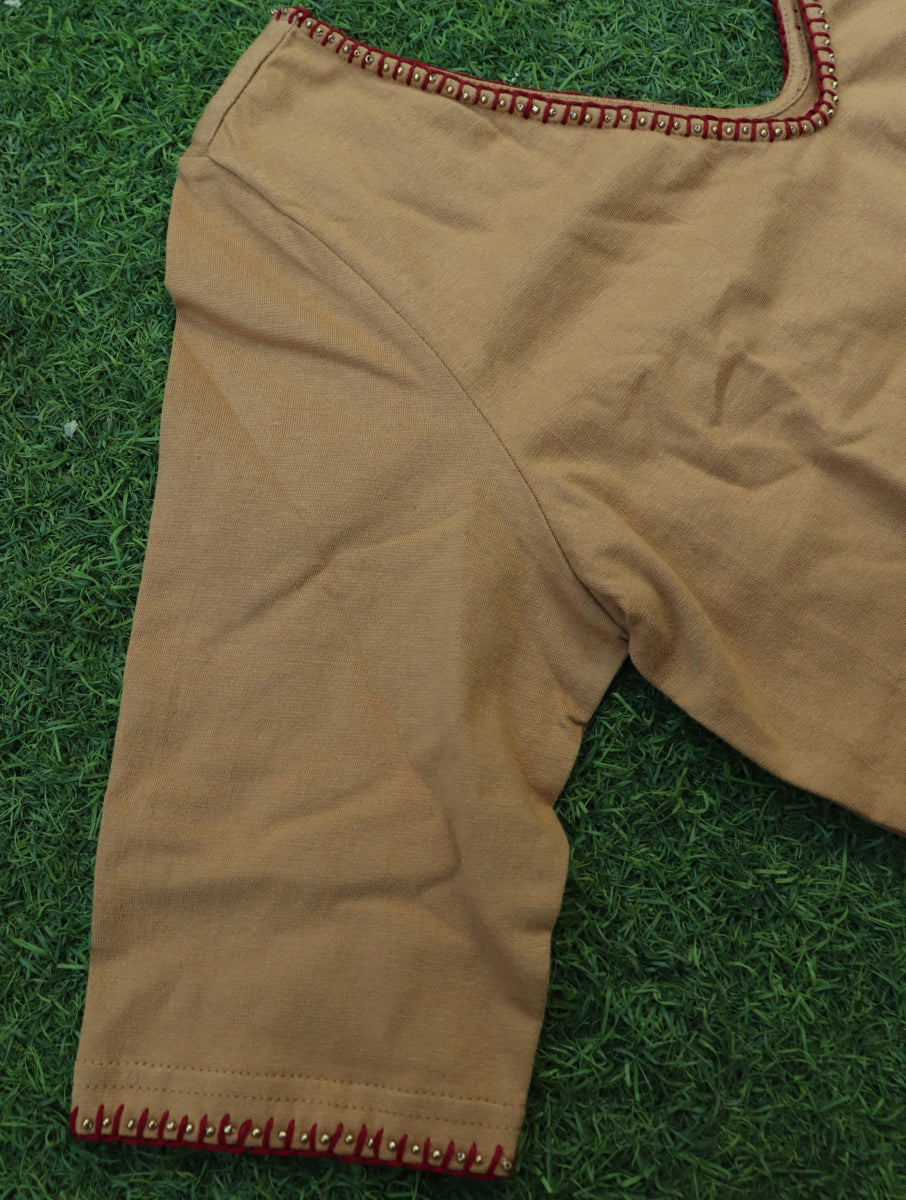 Blanket Stitch and Bead Work Beige Hand Embroidered Stretchable Blouse/Crop Top