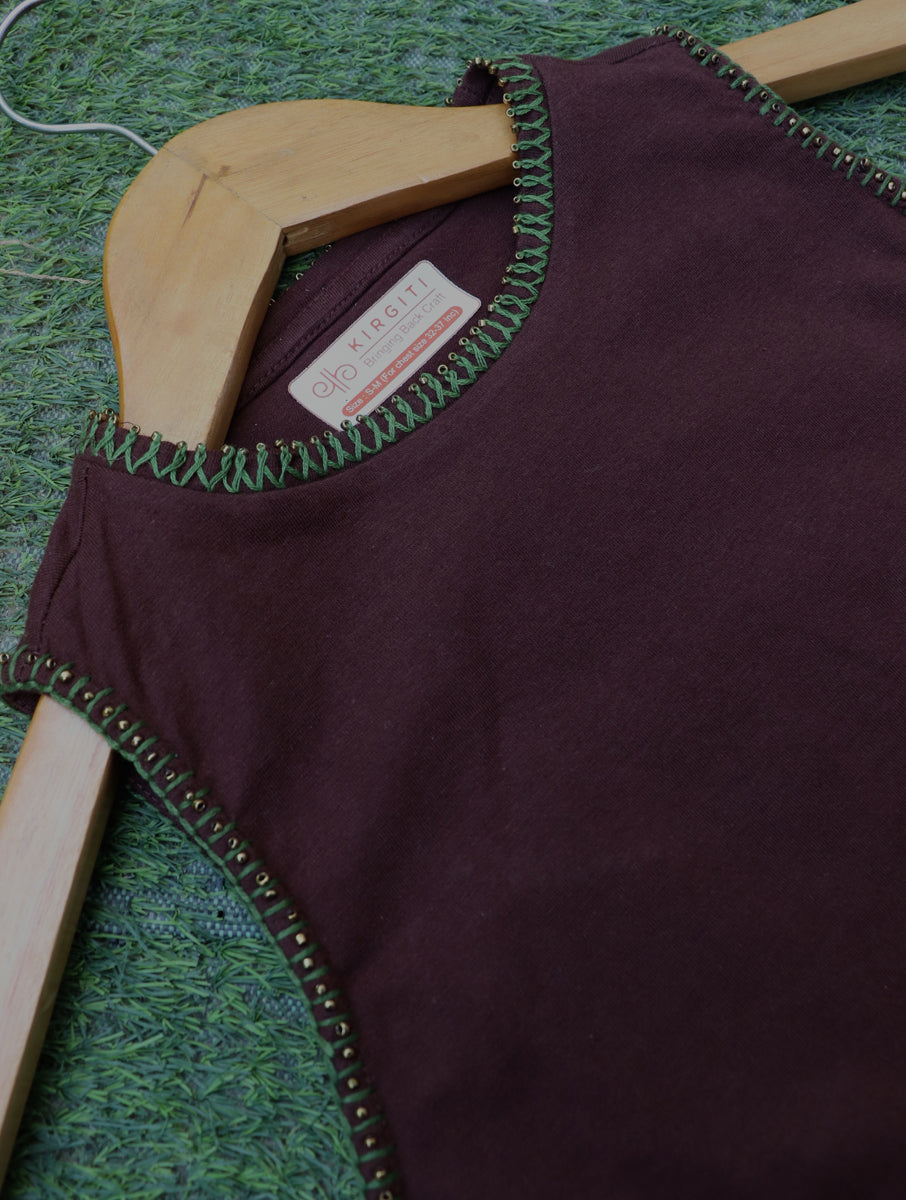 Beaded Vine Edge Stitch Brown Hand Embroidered High Neck Stretchable Blouse/Crop Top