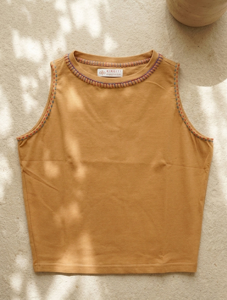 Blanket Stitch And Chawal Taanka Beige Hand Embroidered High Neck Stretchable Blouse/Crop Top