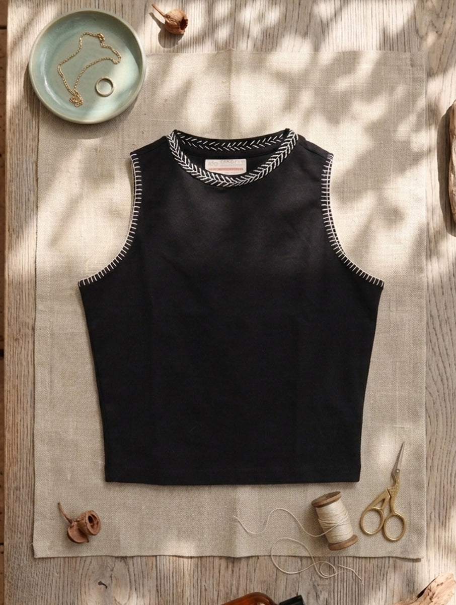 Black Lazy Daisy and Blanket Stitch Hand Embroidered High Neck Stretchable Blouse/Crop Top