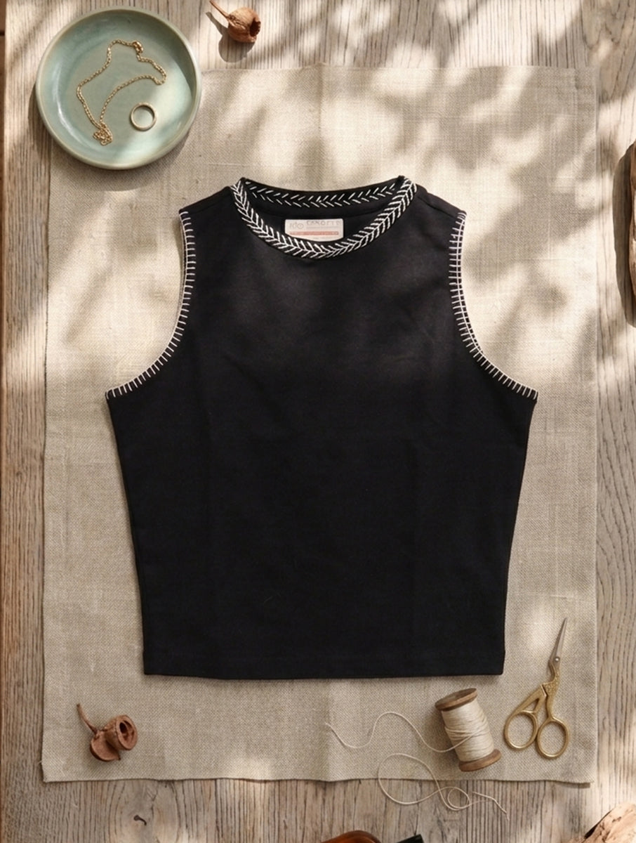 Black Lazy Daisy and Blanket Stitch Hand Embroidered High Neck Stretchable Blouse/Crop Top