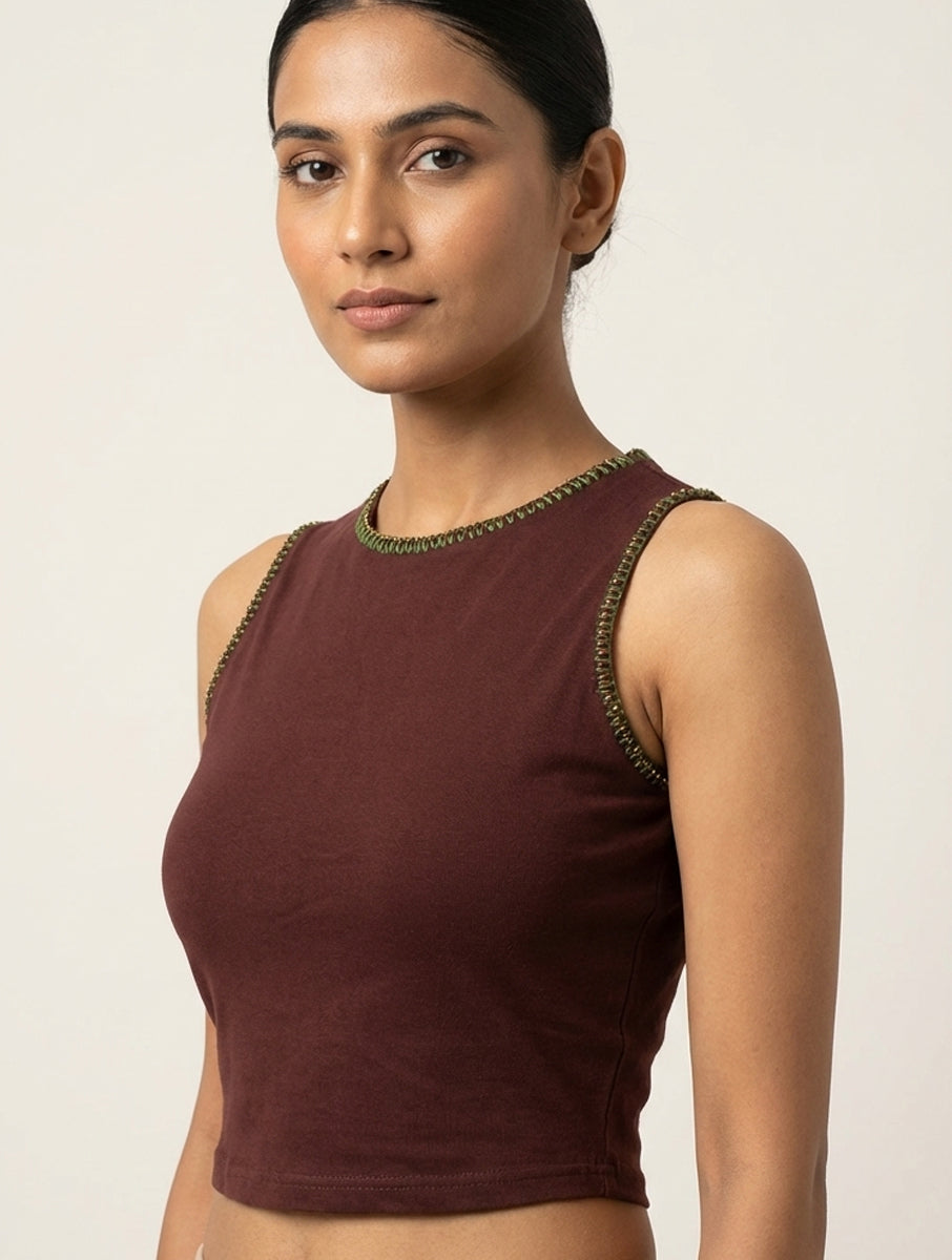 Beaded Vine Edge Stitch Brown Hand Embroidered High Neck Stretchable Blouse/Crop Top