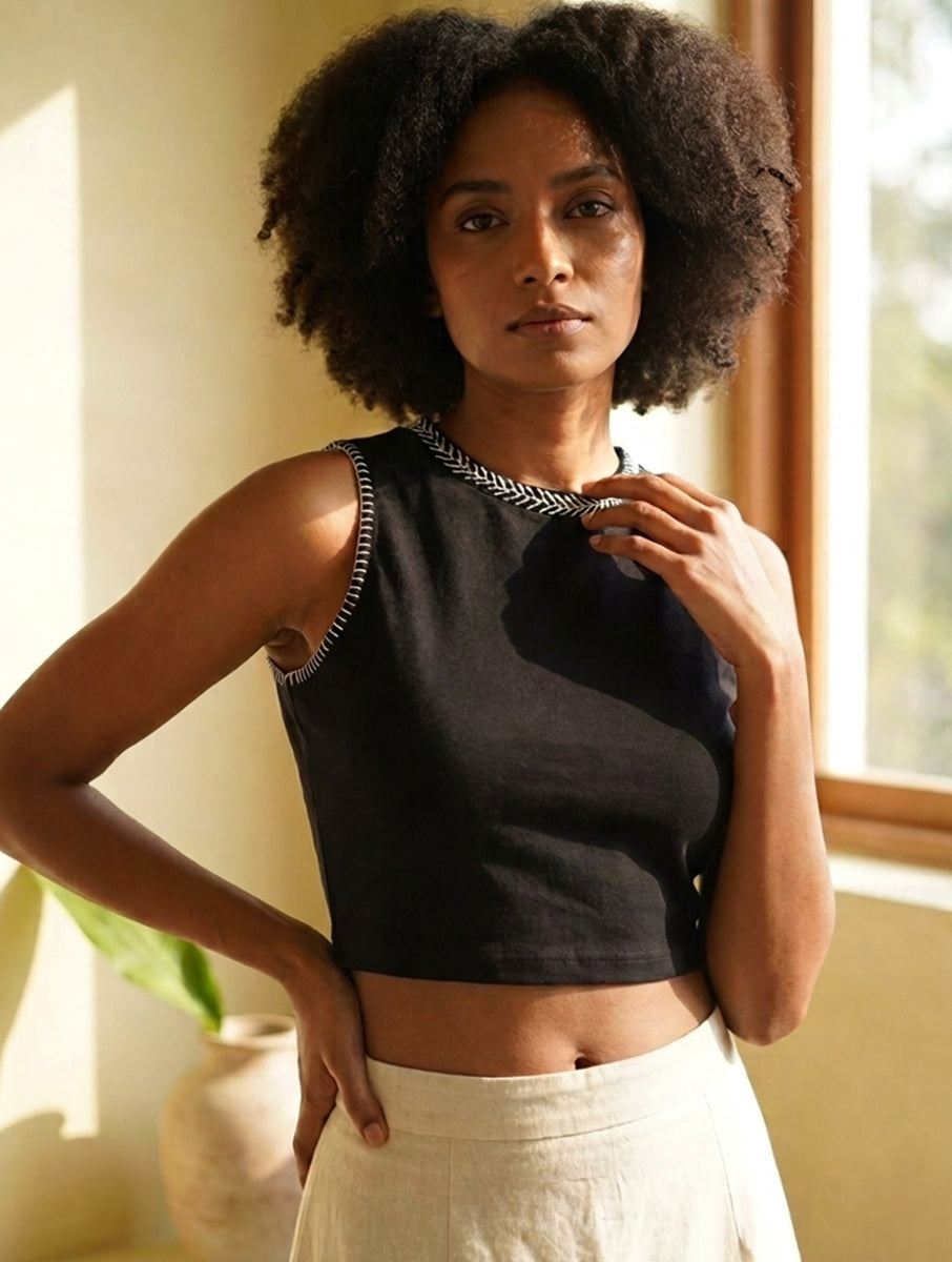 Black Lazy Daisy and Blanket Stitch Hand Embroidered High Neck Stretchable Blouse/Crop Top