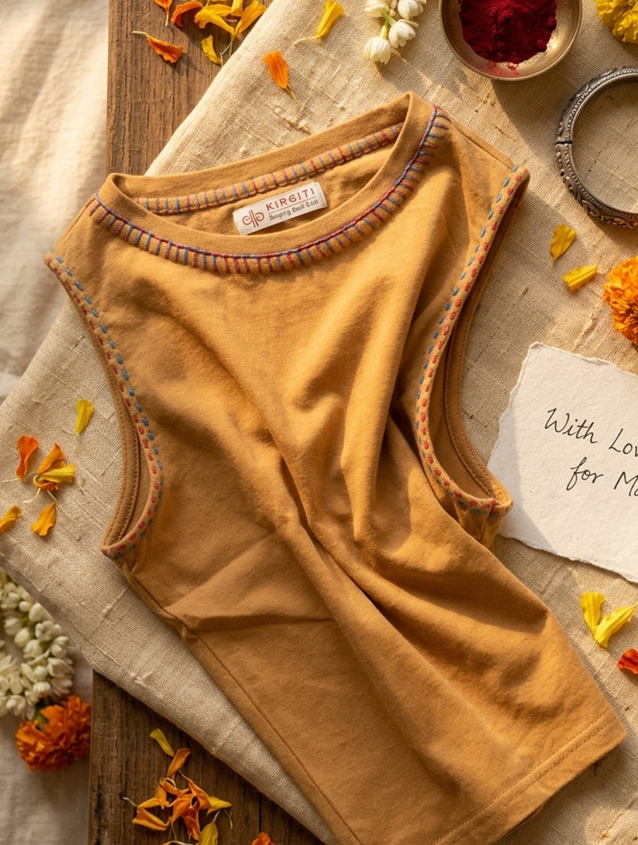 Blanket Stitch And Chawal Taanka Beige Hand Embroidered High Neck Stretchable Blouse/Crop Top