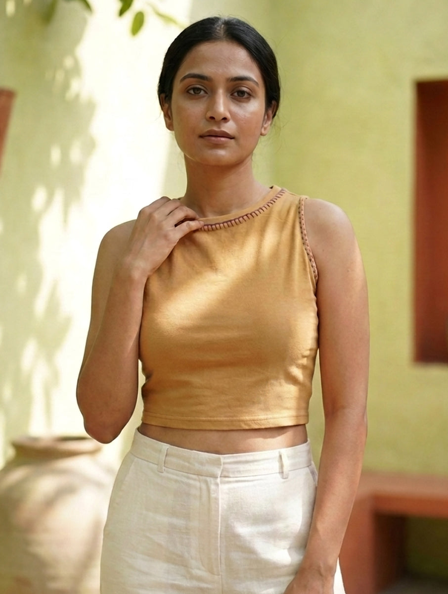 Blanket Stitch And Chawal Taanka Beige Hand Embroidered High Neck Stretchable Blouse/Crop Top