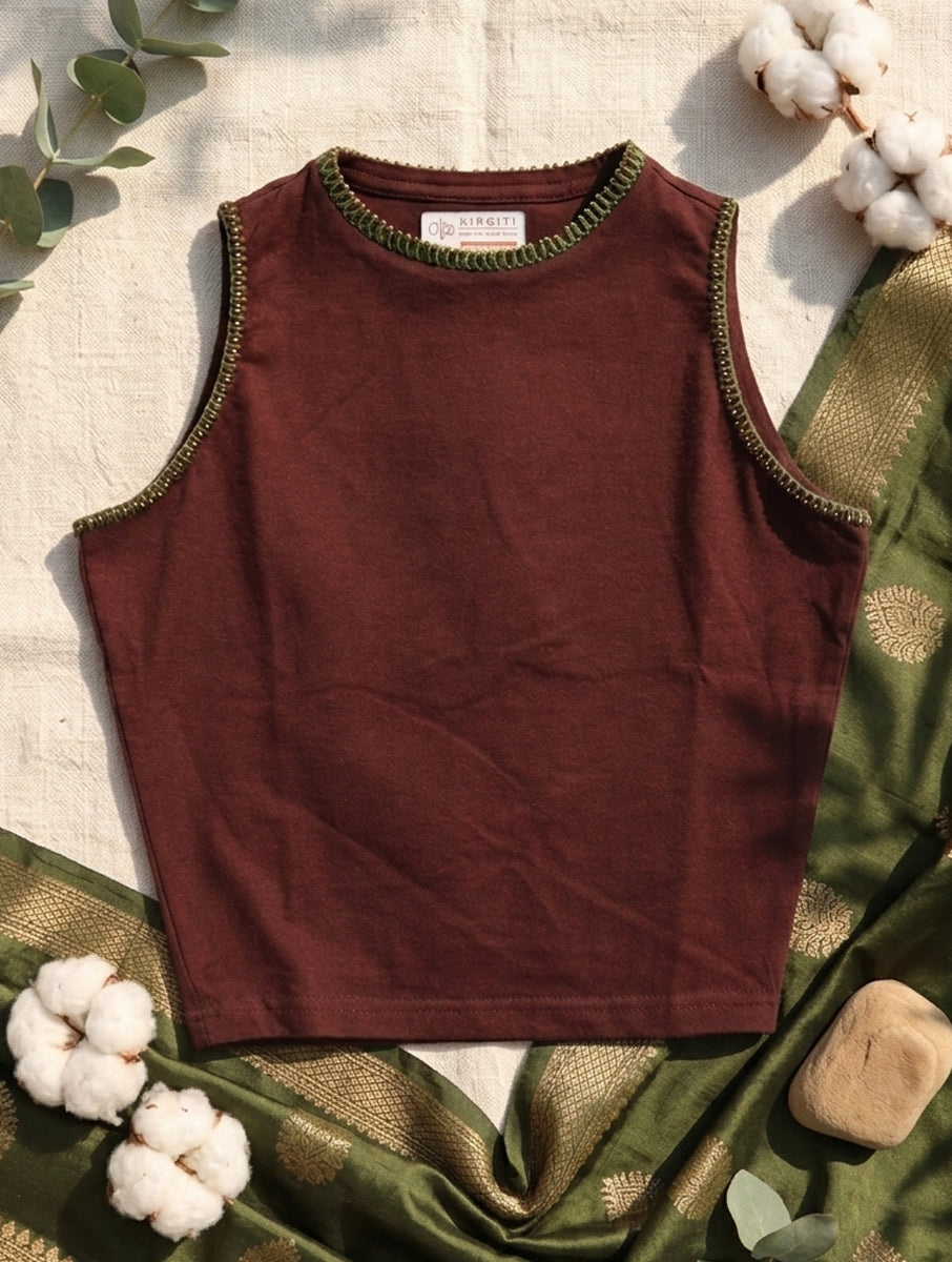 Beaded Vine Edge Stitch Brown Hand Embroidered High Neck Stretchable Blouse/Crop Top