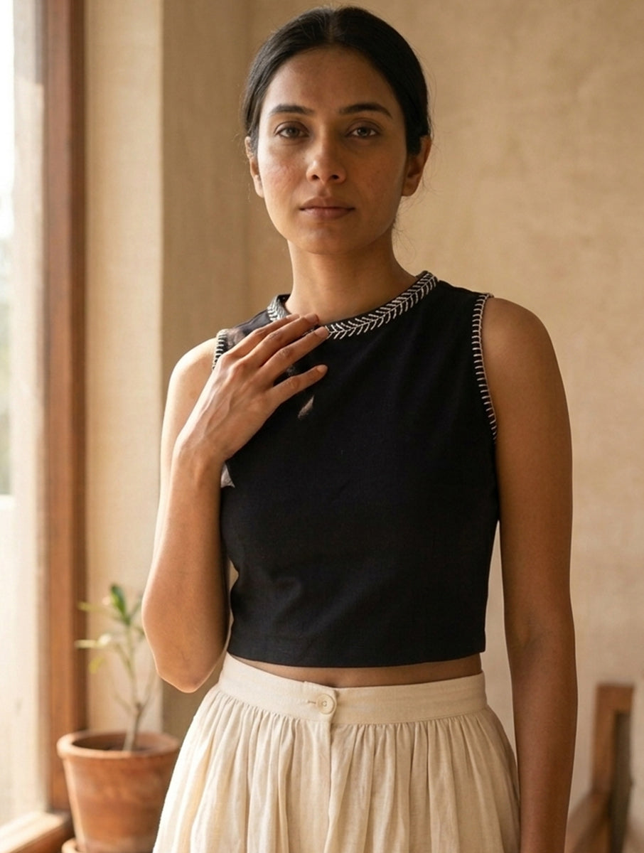 Black Lazy Daisy and Blanket Stitch Hand Embroidered High Neck Stretchable Blouse/Crop Top