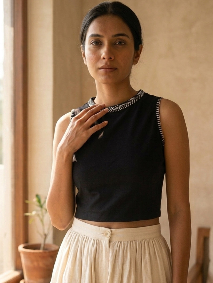 Black Lazy Daisy and Blanket Stitch Hand Embroidered High Neck Stretchable Blouse/Crop Top