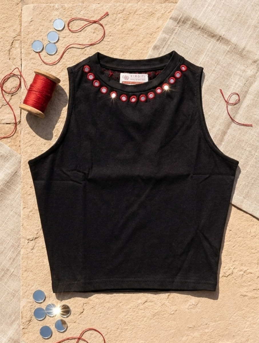 Black Jewel Mirror Hand Embroidered Stretchable Highneck Blouse/Crop Top