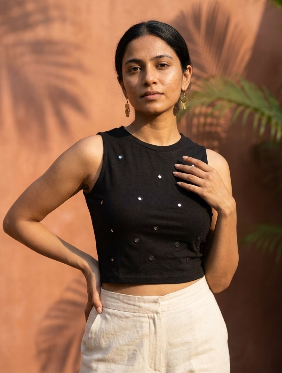 Black Mirror Hand Embroidered Stretchable Highneck Blouse/Crop Top