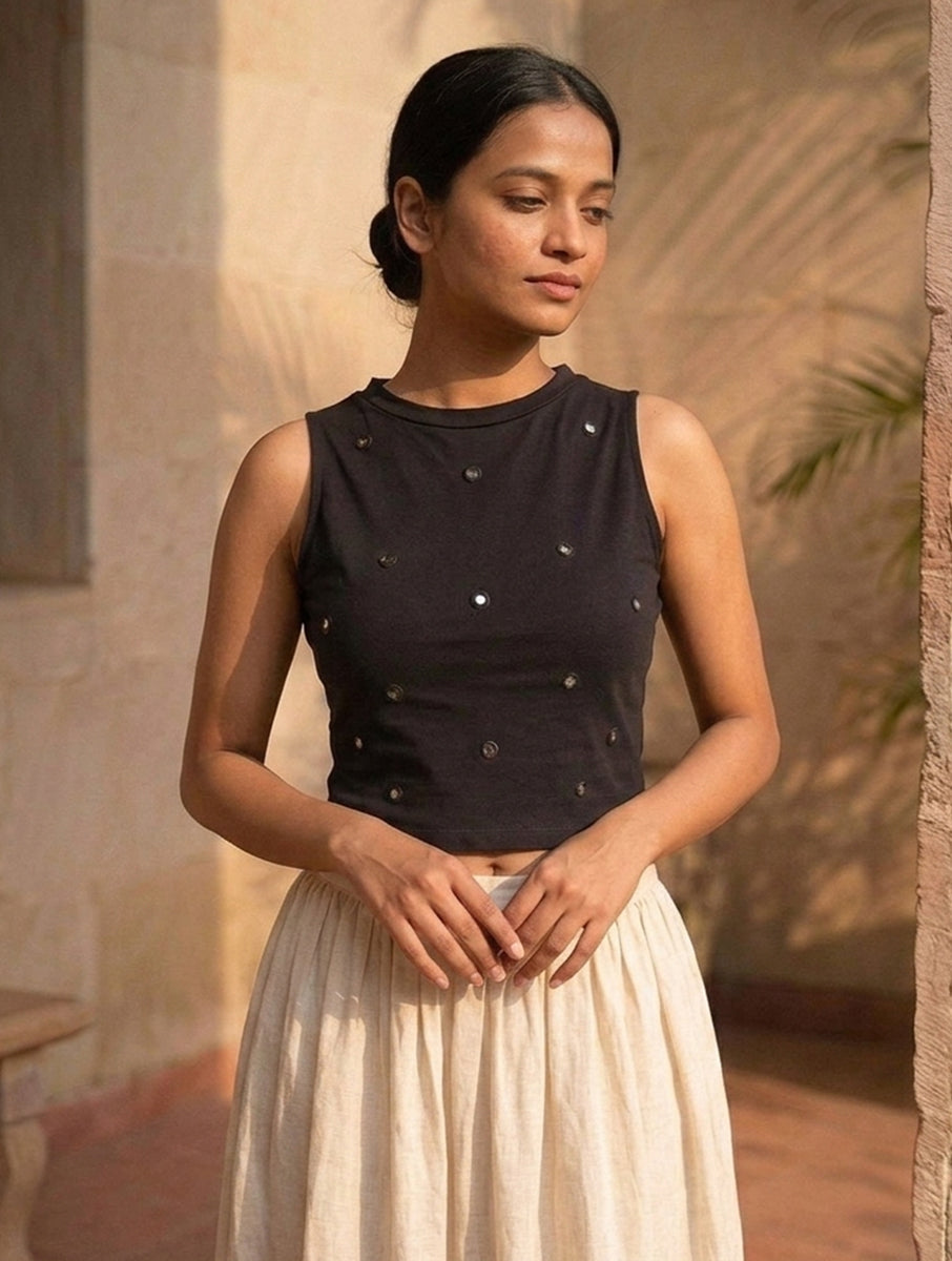 Black Mirror Hand Embroidered Stretchable Highneck Blouse/Crop Top