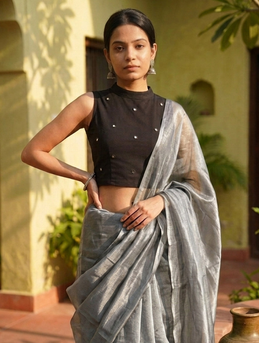 Black Mirror Hand Embroidered Stretchable Highneck Blouse/Crop Top