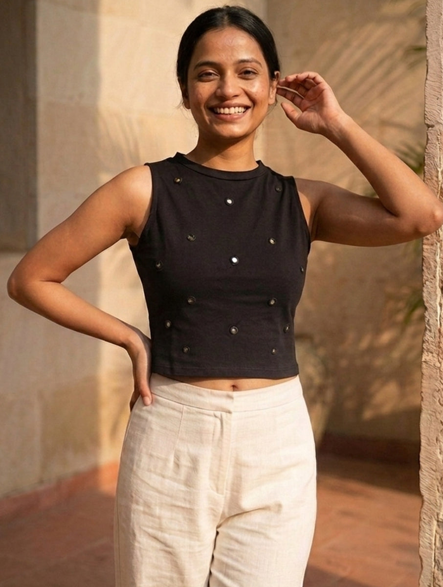 Black Mirror Hand Embroidered Stretchable Highneck Blouse/Crop Top