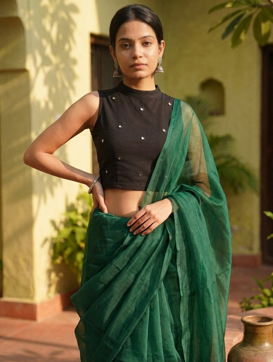 Black Mirror Hand Embroidered Stretchable Highneck Blouse/Crop Top