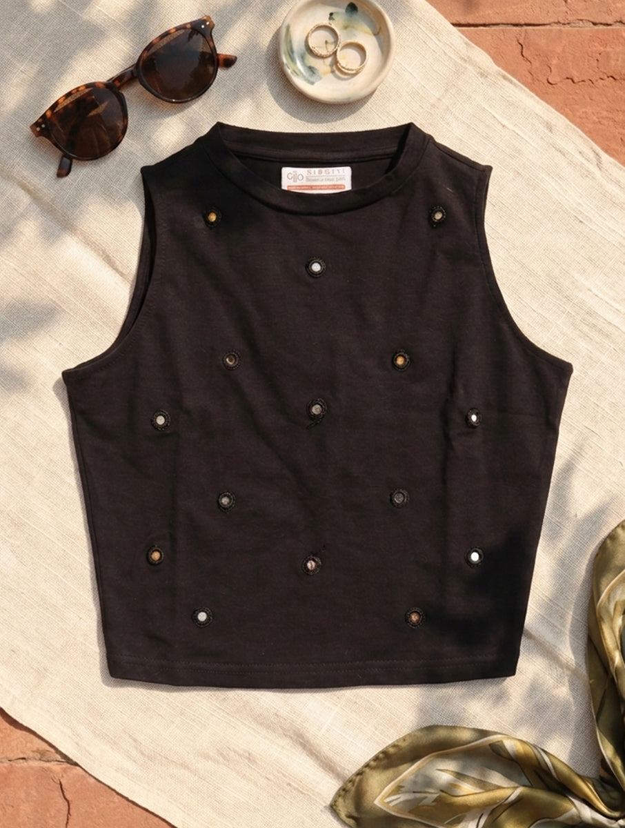 Black Mirror Hand Embroidered Stretchable Highneck Blouse/Crop Top