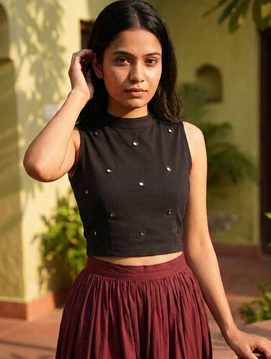 Black Mirror Hand Embroidered Stretchable Highneck Blouse/Crop Top