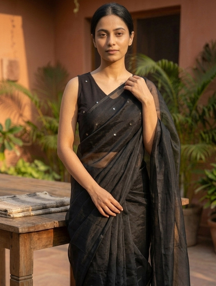 Black Mirror Hand Embroidered Stretchable Sleeveless Blouse/Crop Top
