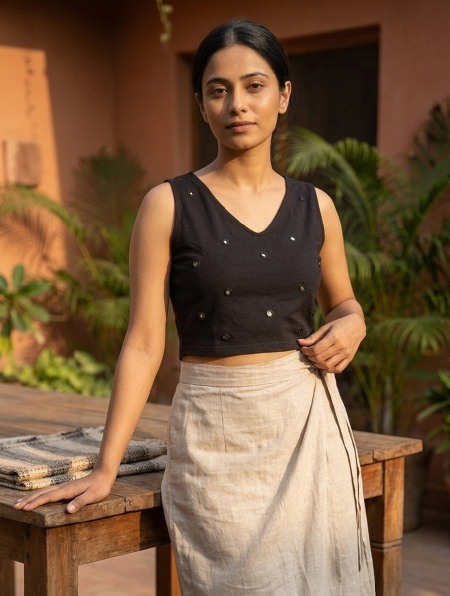 Black Mirror Hand Embroidered Stretchable Sleeveless Blouse/Crop Top