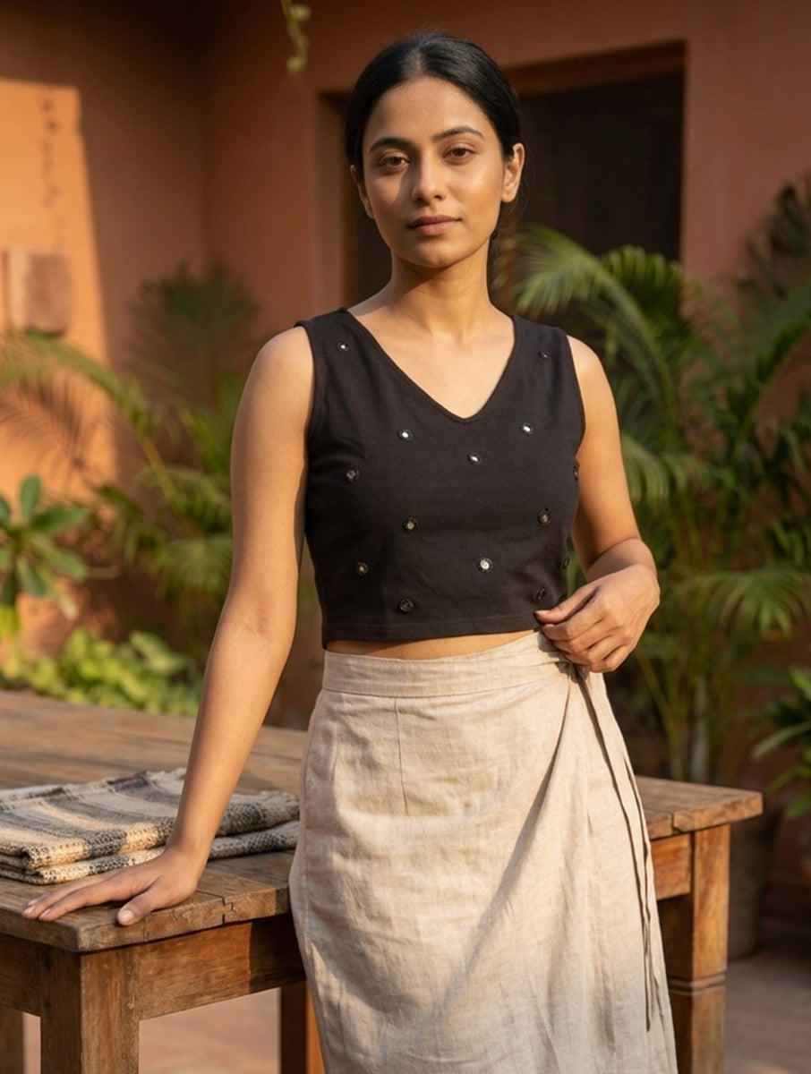Black Mirror Hand Embroidered Stretchable Sleeveless Blouse/Crop Top