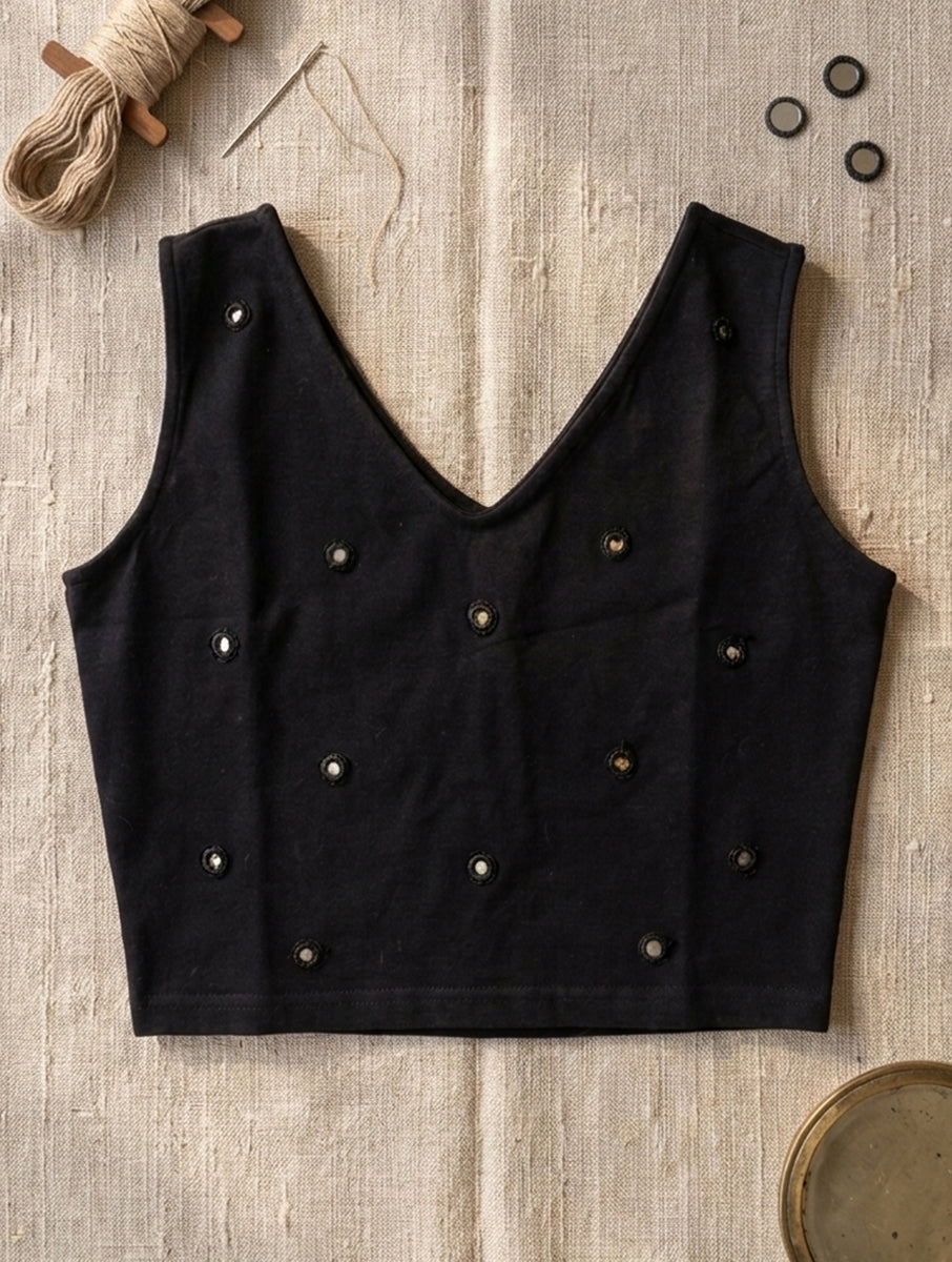 Black Mirror Hand Embroidered Stretchable Sleeveless Blouse/Crop Top