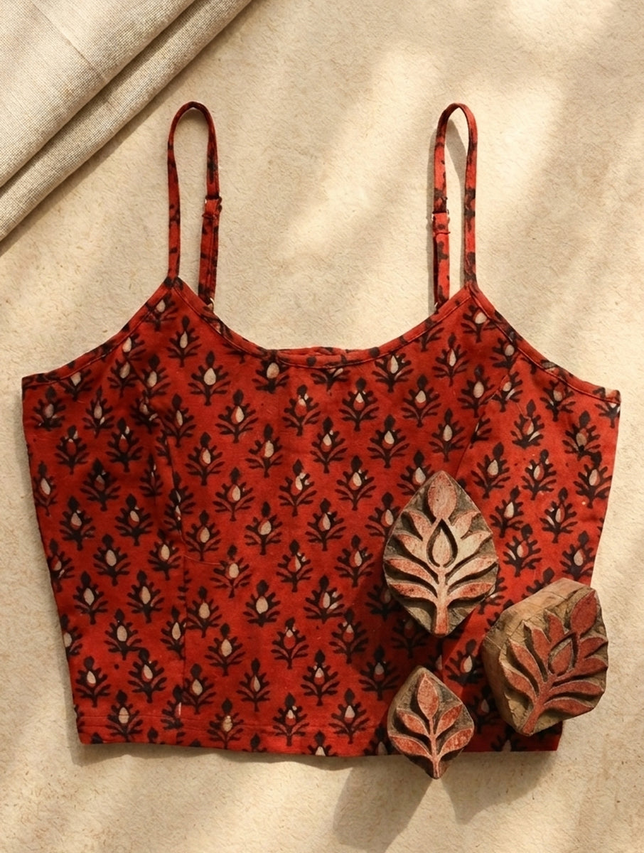 Brick Red Boota Dabu Printed Stretchable Spaghetti Blouse/Crop Top