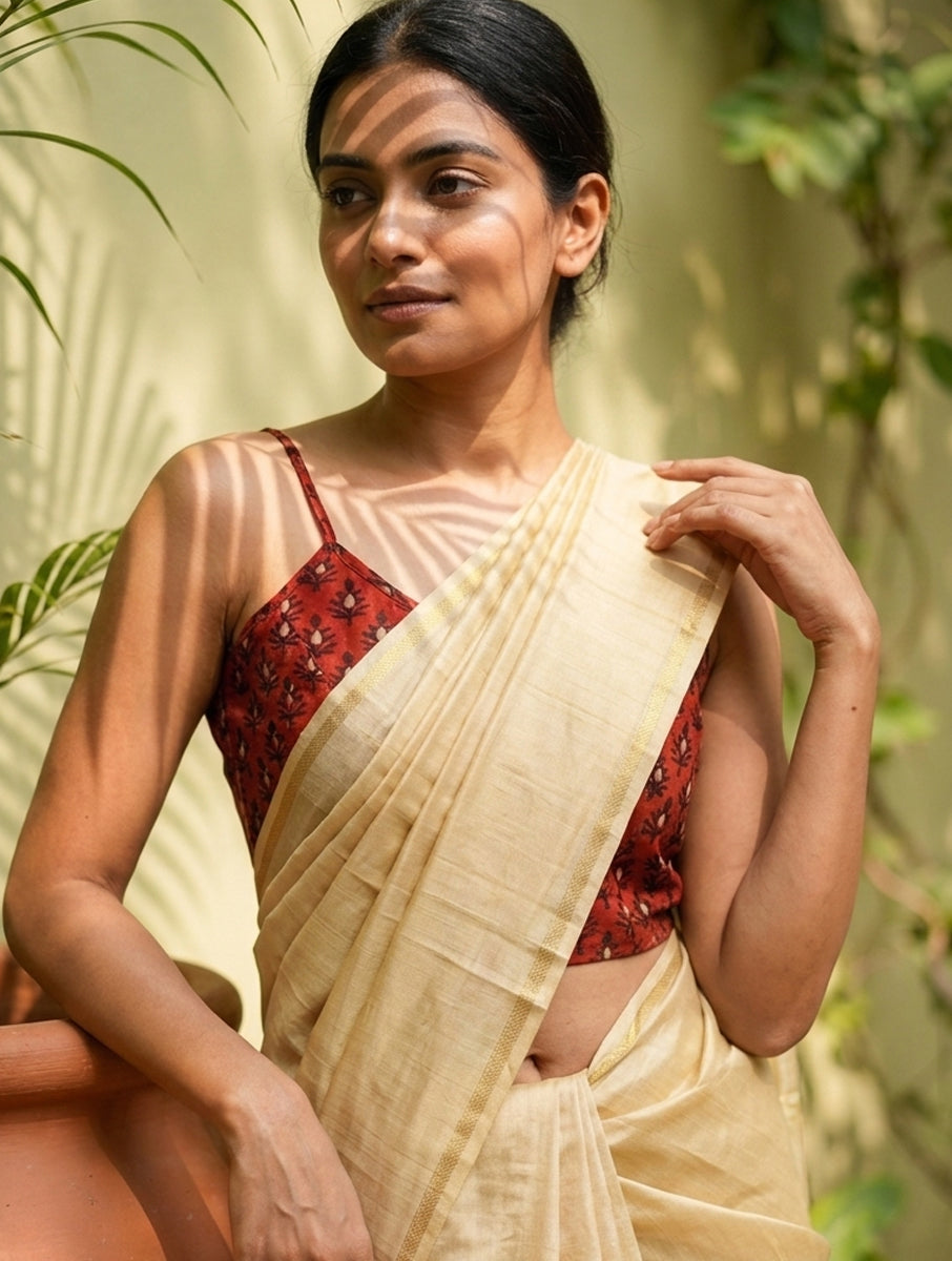 Brick Red Boota Dabu Printed Stretchable Spaghetti Blouse/Crop Top