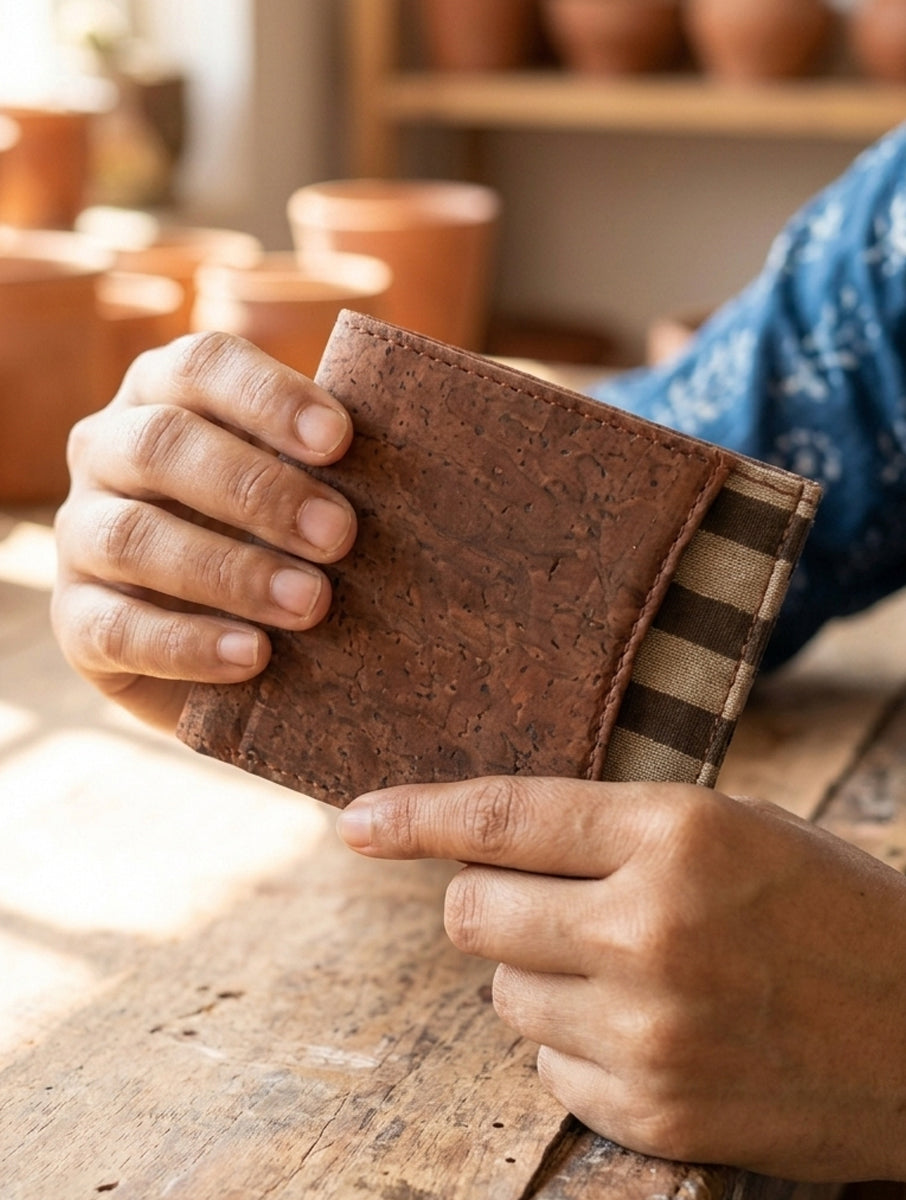 Brown Stripes Dabu Printed and Vegan Leather Cork Wallet