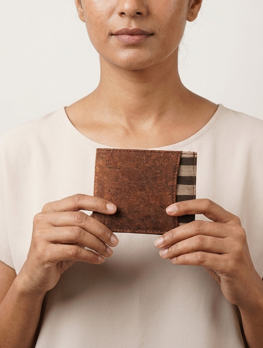 Brown Stripes Dabu Printed and Vegan Leather Cork Wallet