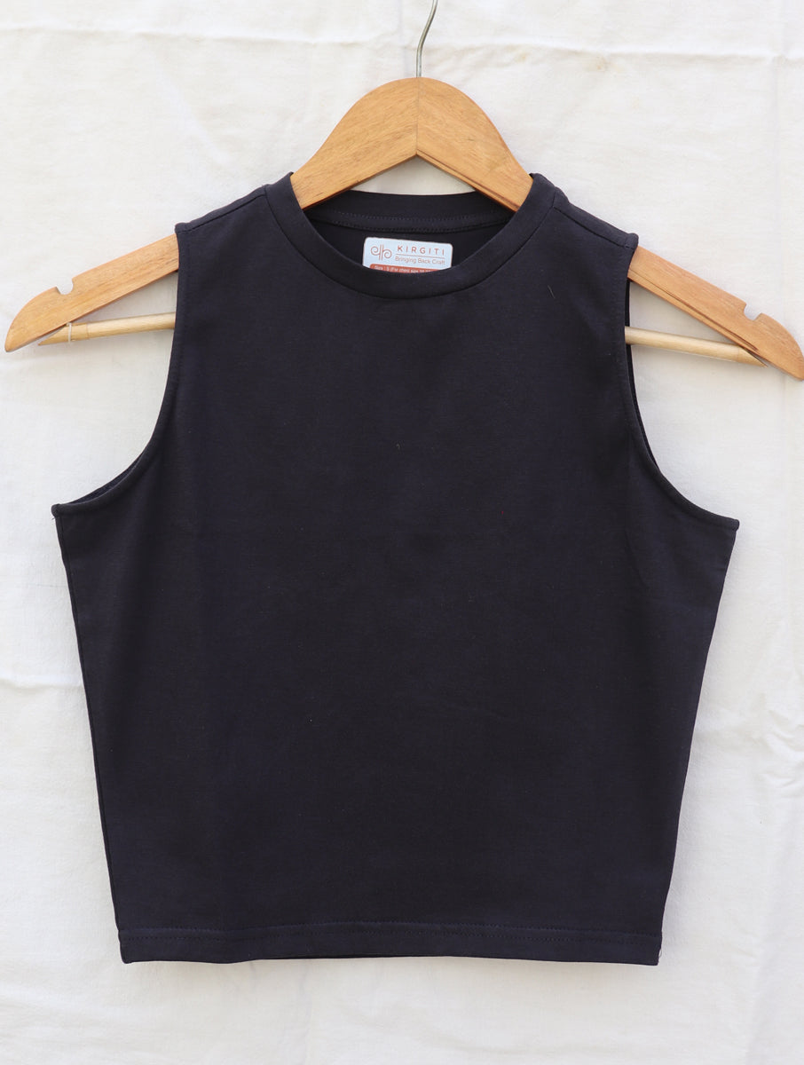 Black Solid Stretchable Highneck Blouse/Crop Top
