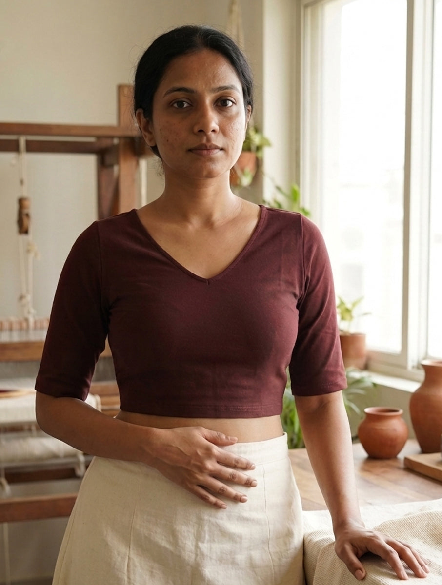 Brown Solid Stretchable Blouse/Crop Top