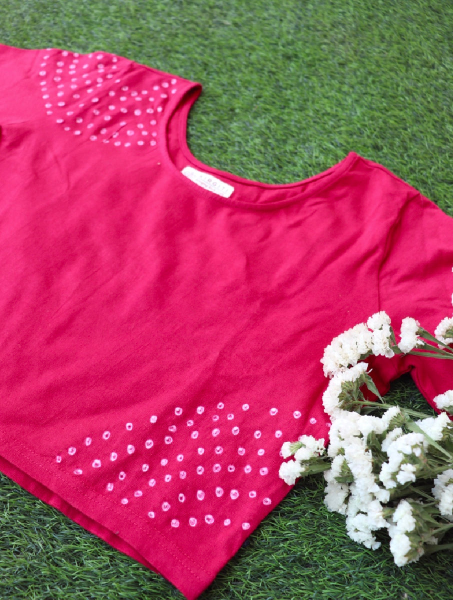Pink Shoulder Bandhej Stretchable Blouse/Crop Top