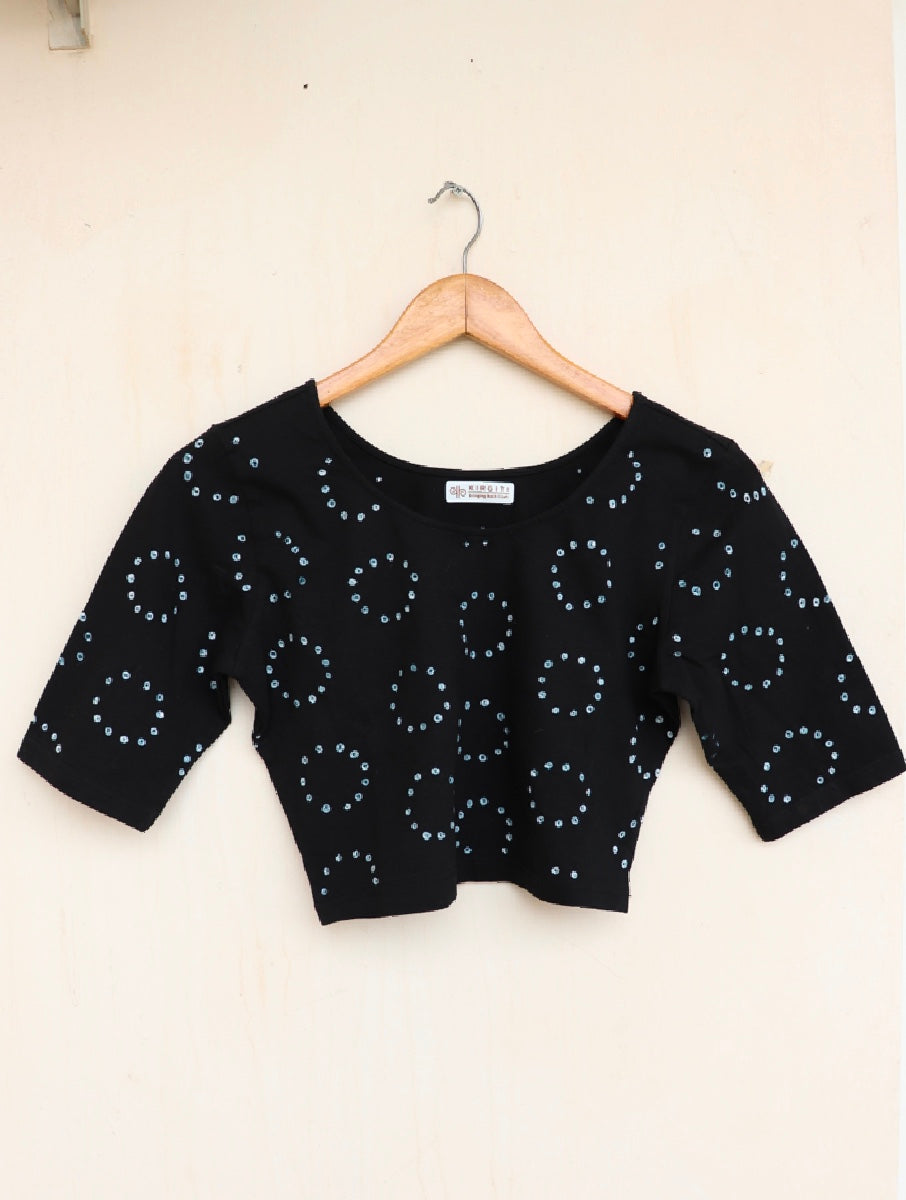 Black Chakri Bandhej Half Sleeve Stretchable Blouse/Crop Top