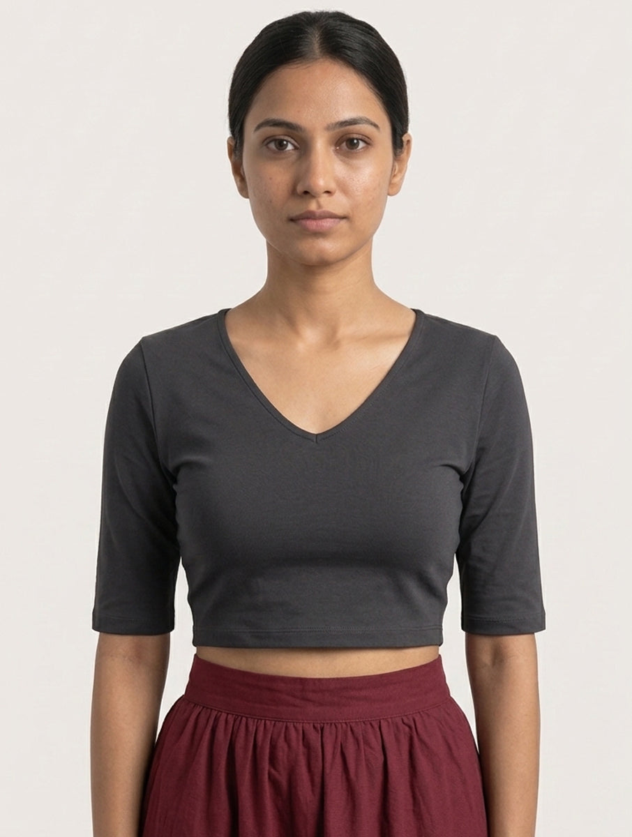 Dark Grey Solid Stretchable Blouse/Crop Top