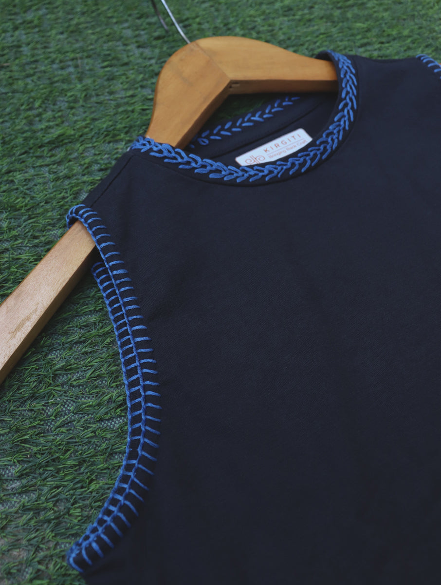Lazy Daisy and Blanket Stitch Dark Grey Hand Embroidered High Neck Stretchable Blouse/Crop Top