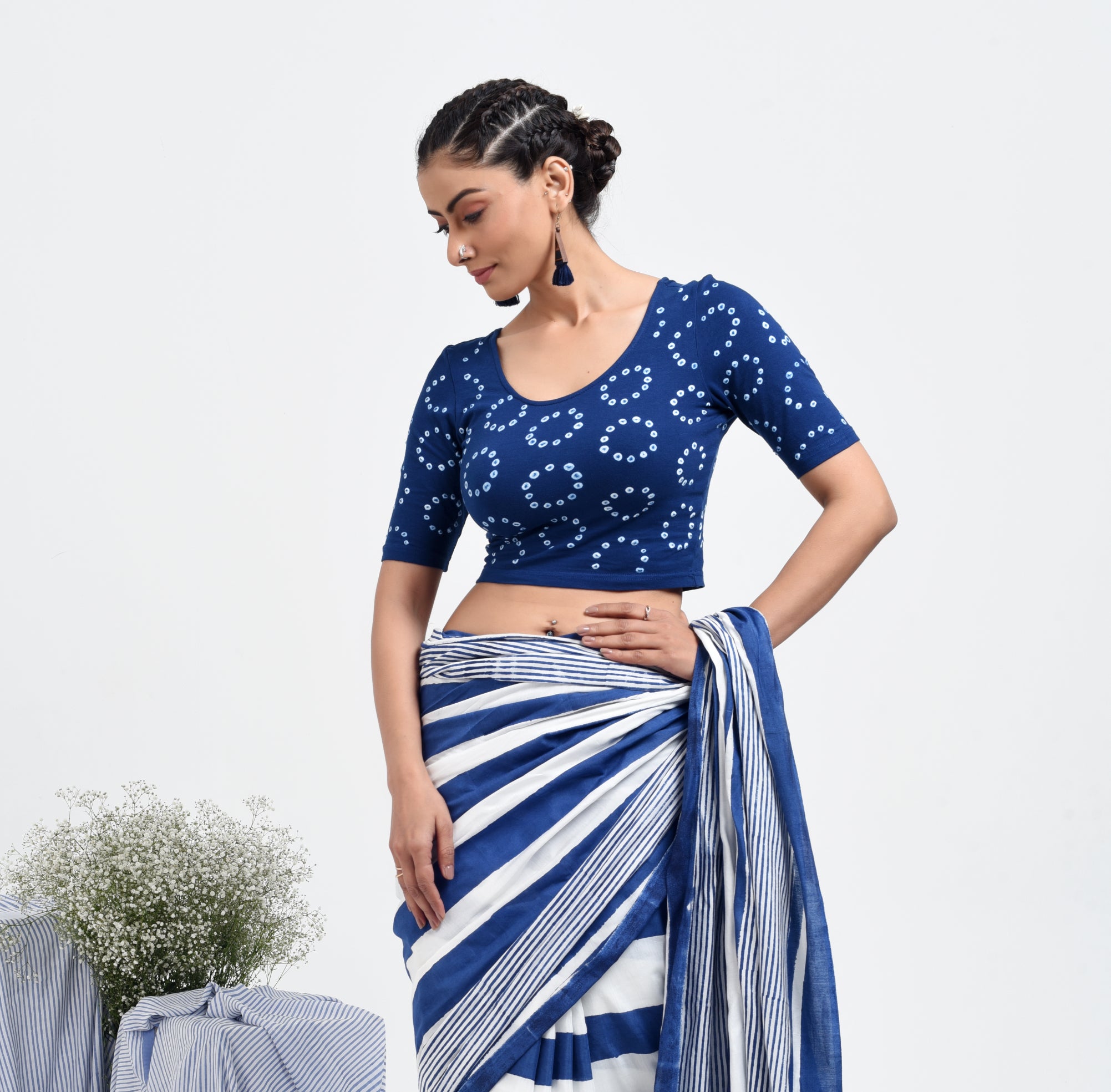 Indigo Chakri Bandhej Stretchable Blouse/Crop Top