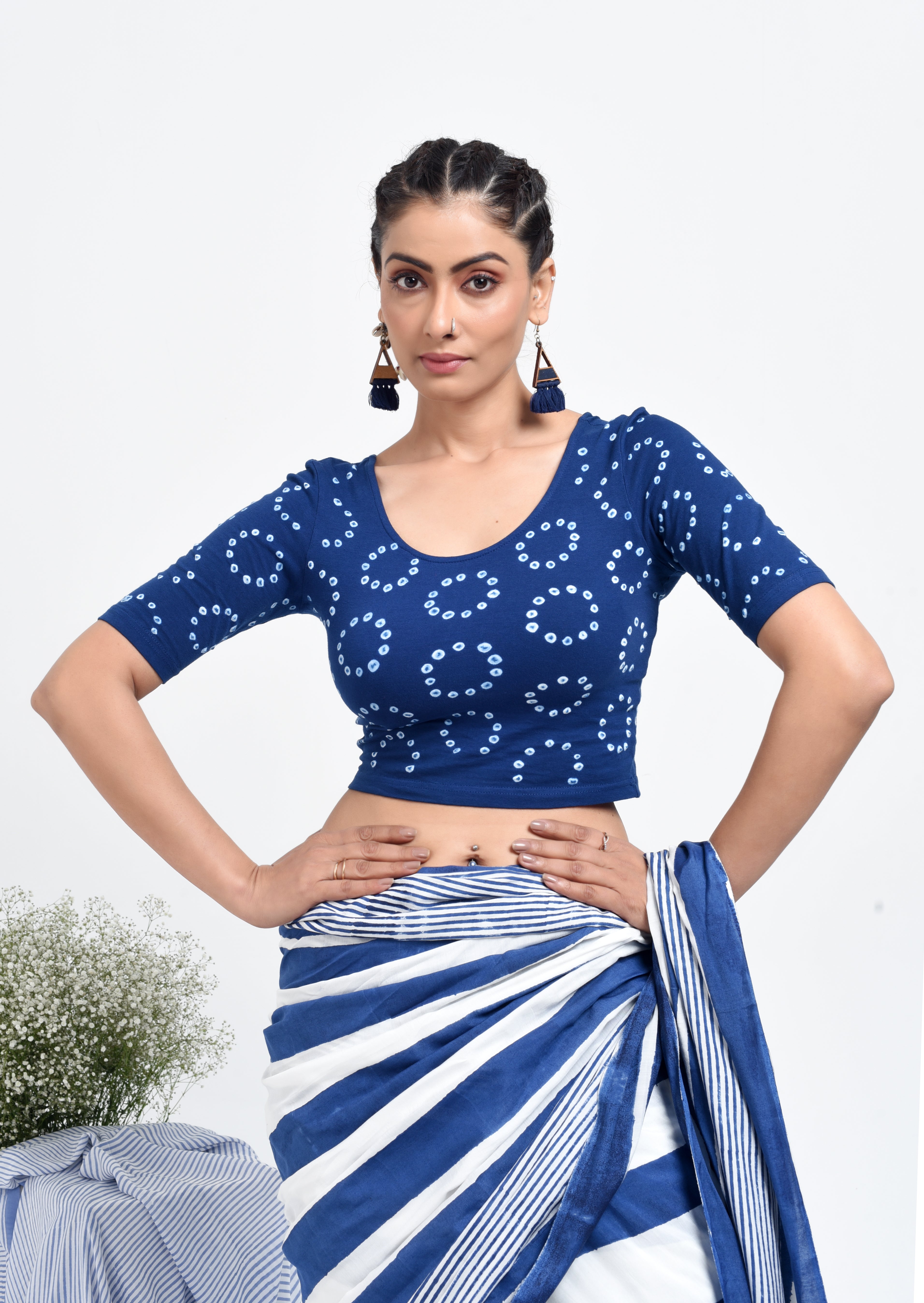 Indigo Chakri Bandhej Stretchable Blouse/Crop Top