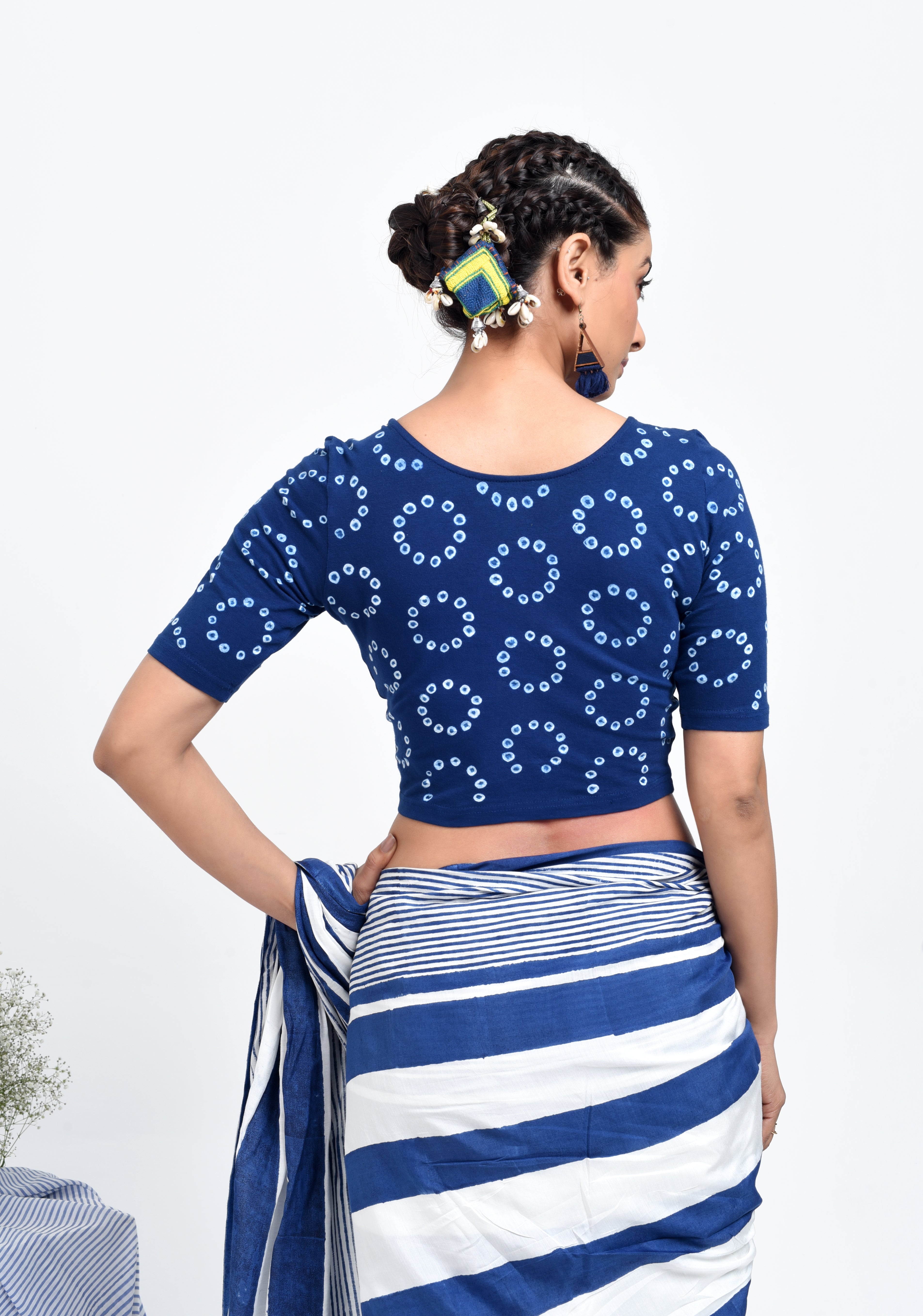 Indigo Chakri Bandhej Stretchable Blouse/Crop Top