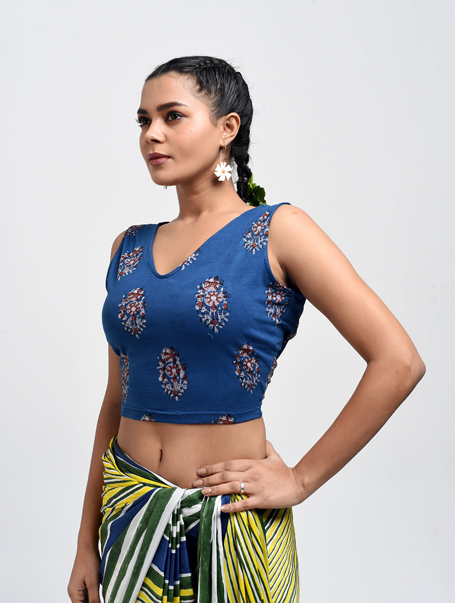 Blue Boota Dabu Printed Stretchable Blouse/Crop Top