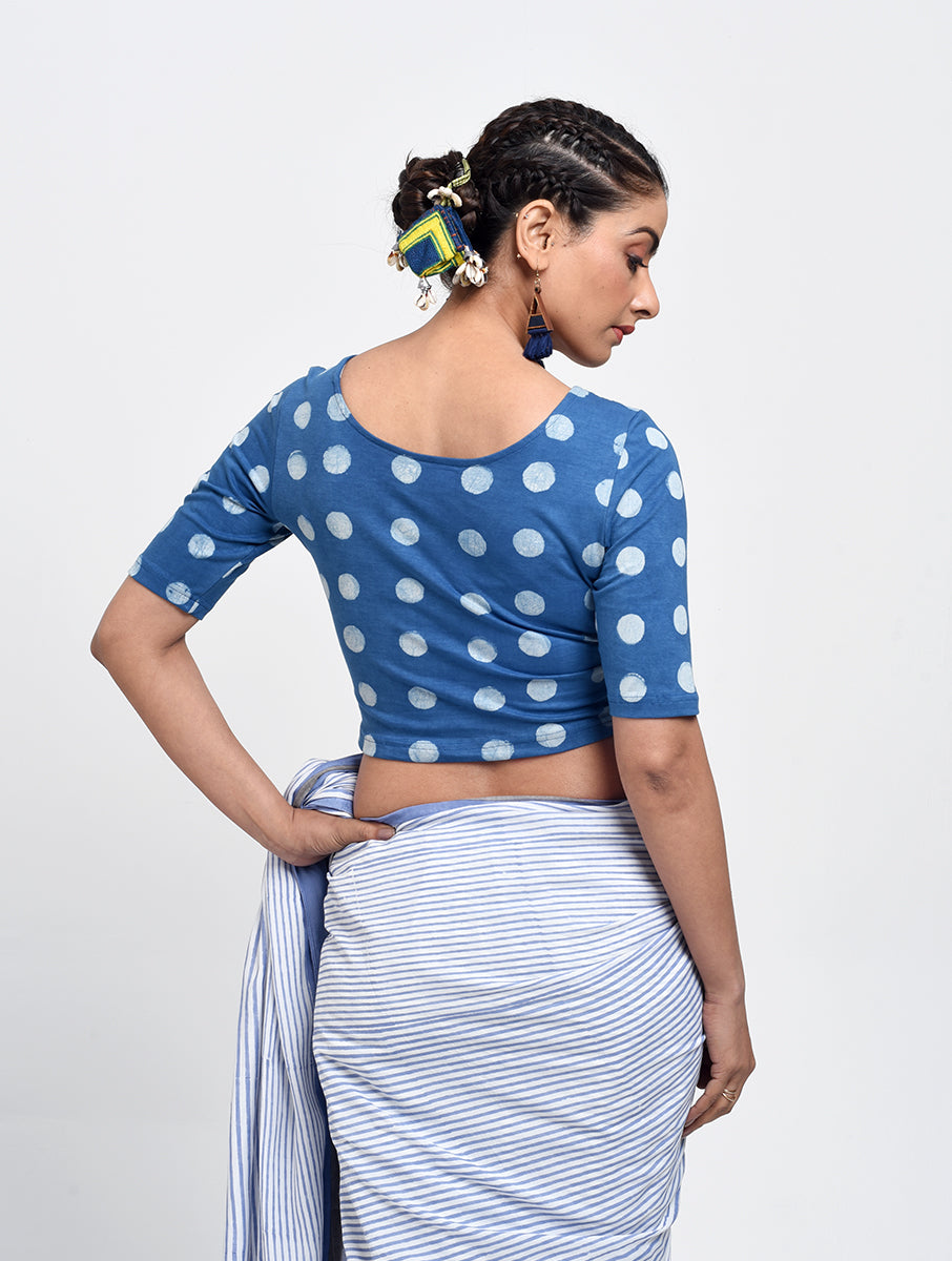 Indigo Polka Dabu Printed Stretchable Blouse/Crop Top