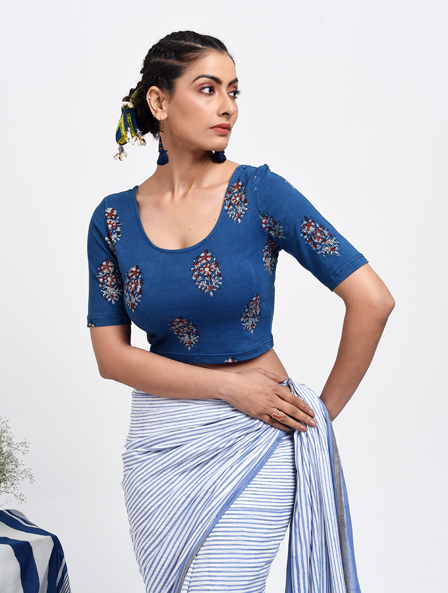 Blue Boota Dabu Printed Stretchable Blouse/Crop Top