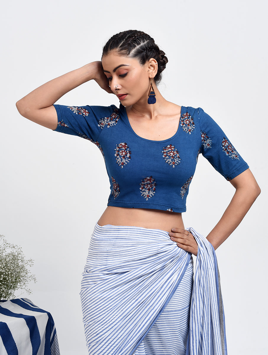Blue Boota Dabu Printed Stretchable Blouse/Crop Top