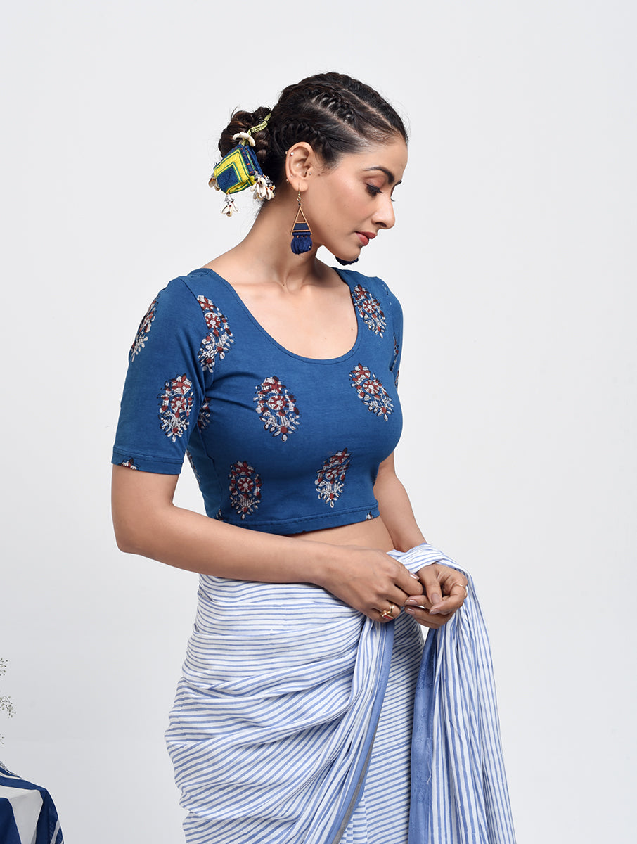 Blue Boota Dabu Printed Stretchable Blouse/Crop Top