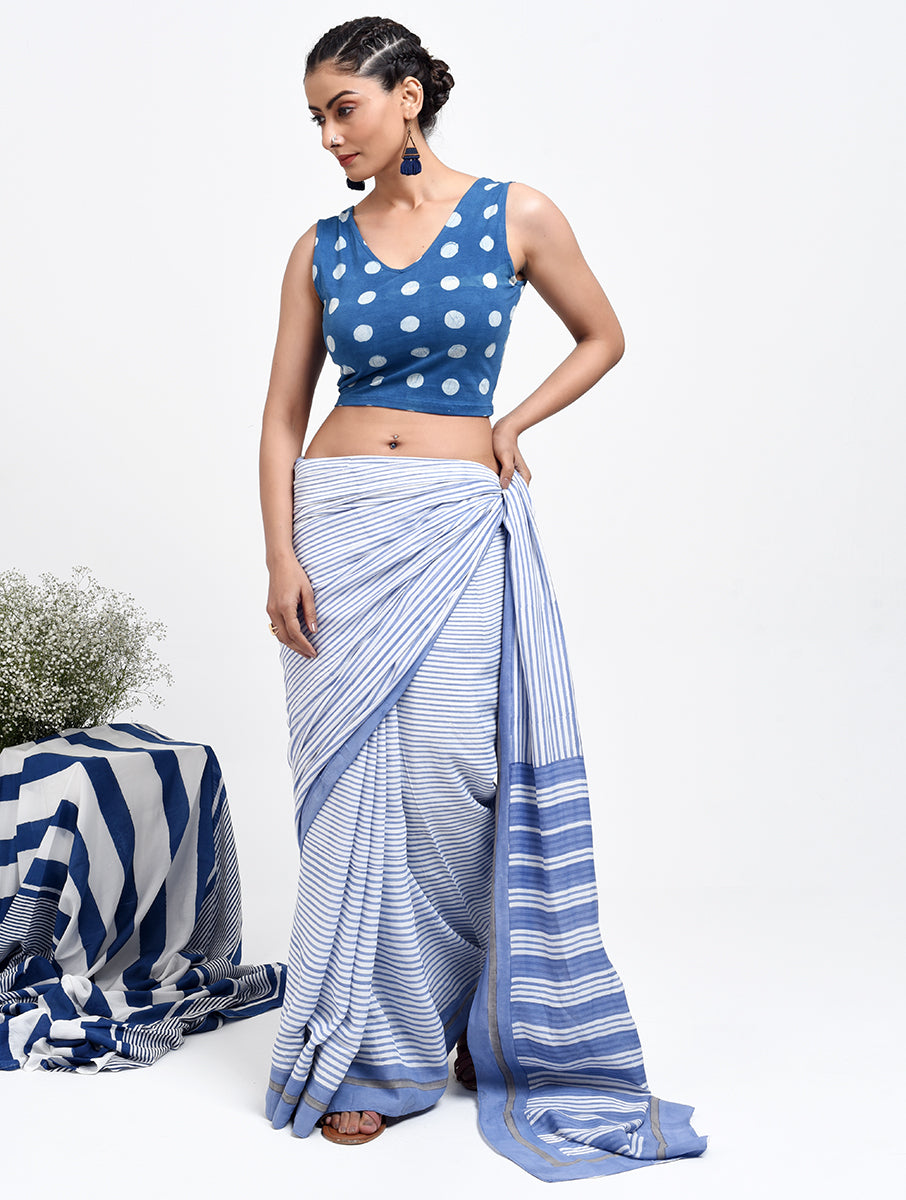 Indigo Polka Dabu Printed Stretchable Sleeveless Blouse/Crop Top