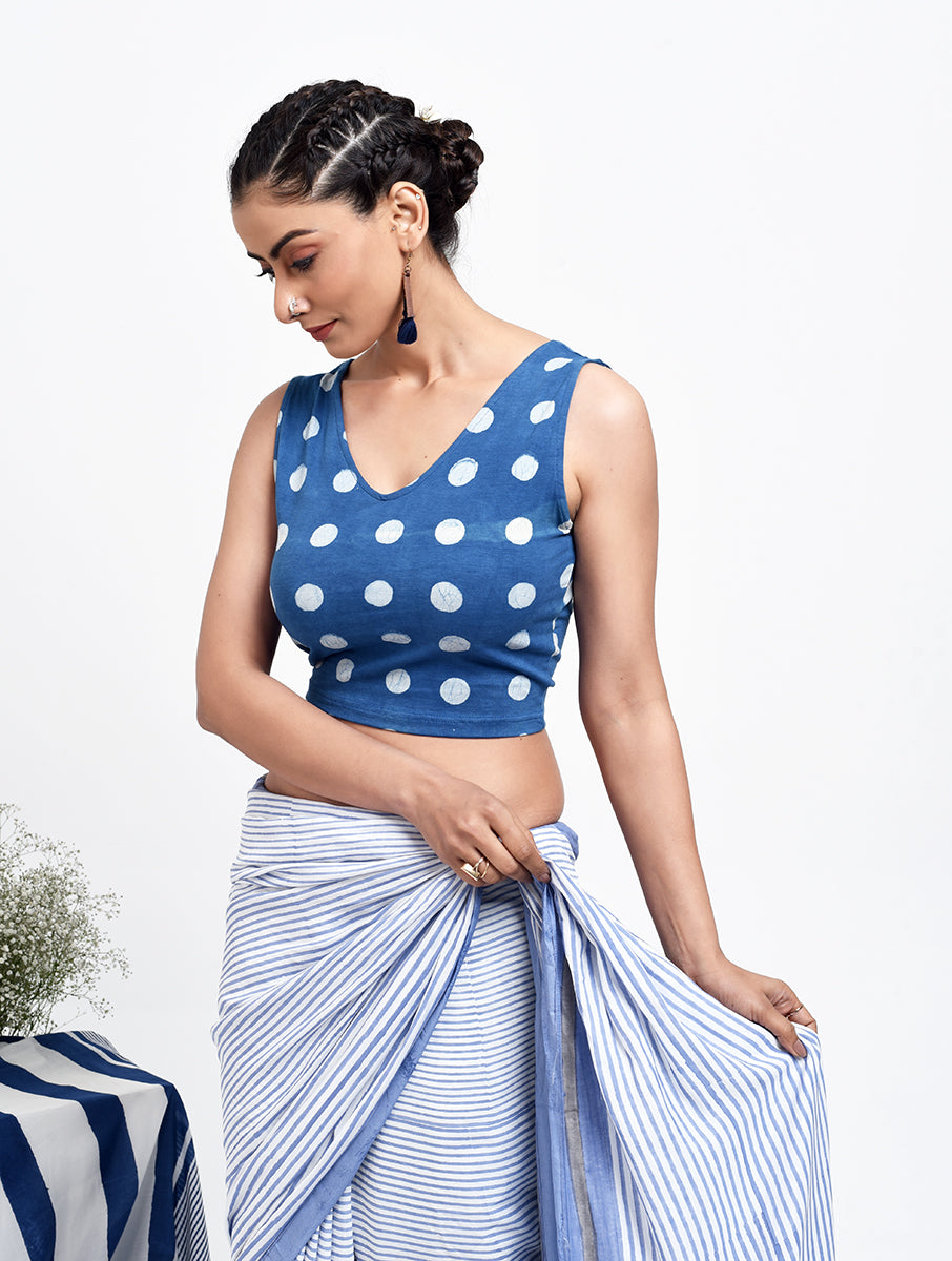 Indigo Polka Dabu Printed Stretchable Sleeveless Blouse/Crop Top