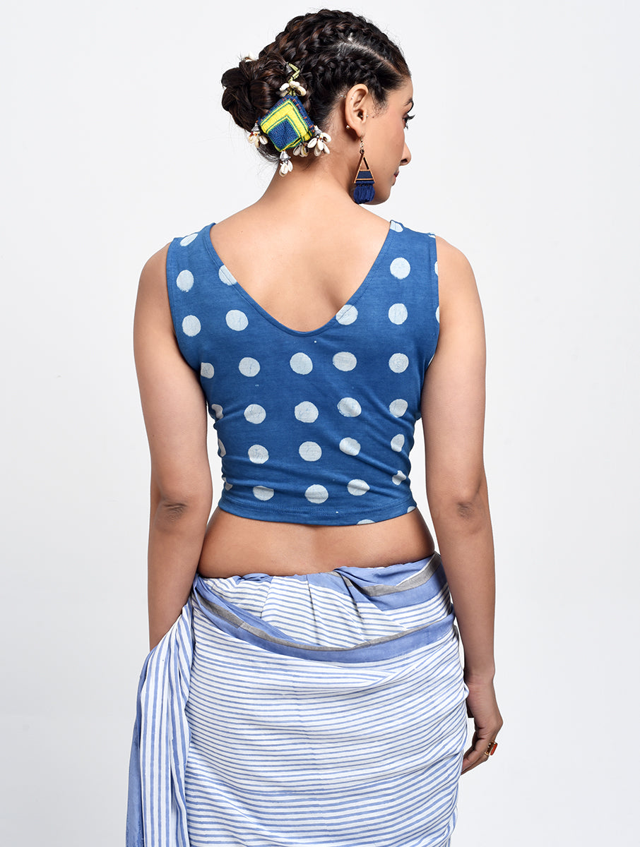 Indigo Polka Dabu Printed Stretchable Sleeveless Blouse/Crop Top